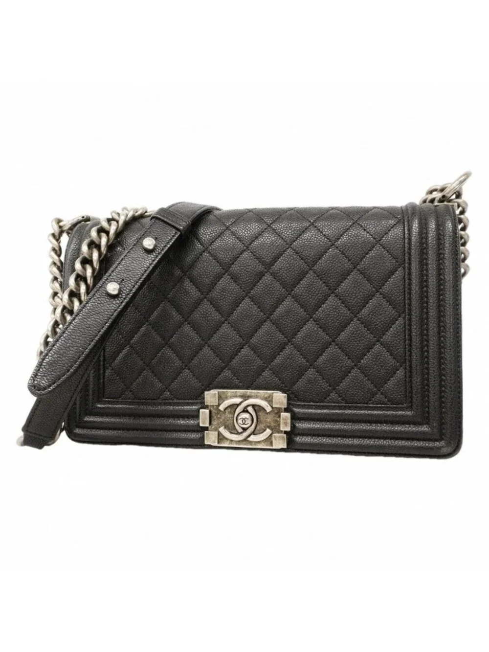 Chanel Shoulder Bag Boy Caviar Leather Black Silver